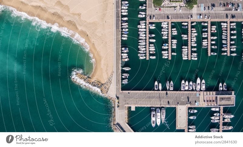 Aerial views of a fishing port in the Mediterranean. Aircraft Bay Beach Beautiful Blue Watercraft City Coast Destination Eyes Fishery Harbour Vacation & Travel