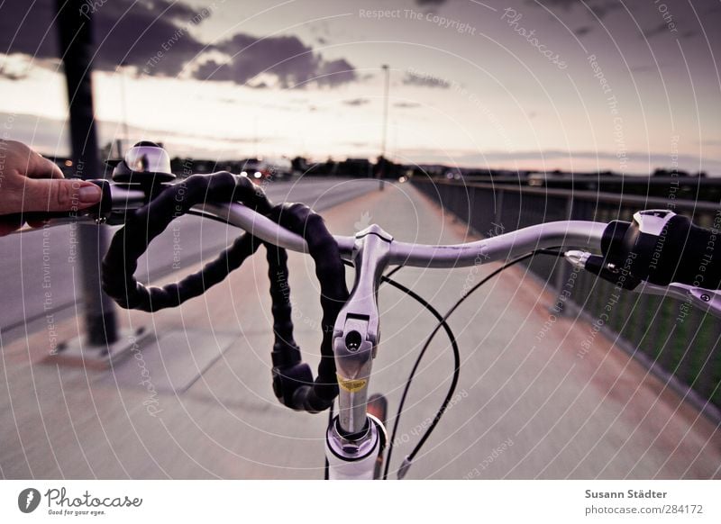 wing way. Hand Transport Street Driving Bicycle Cycling Bicycle handlebars Lock Evening sun Bridge railing Sky Clouds Ladies' bicycle Colour photo Exterior shot