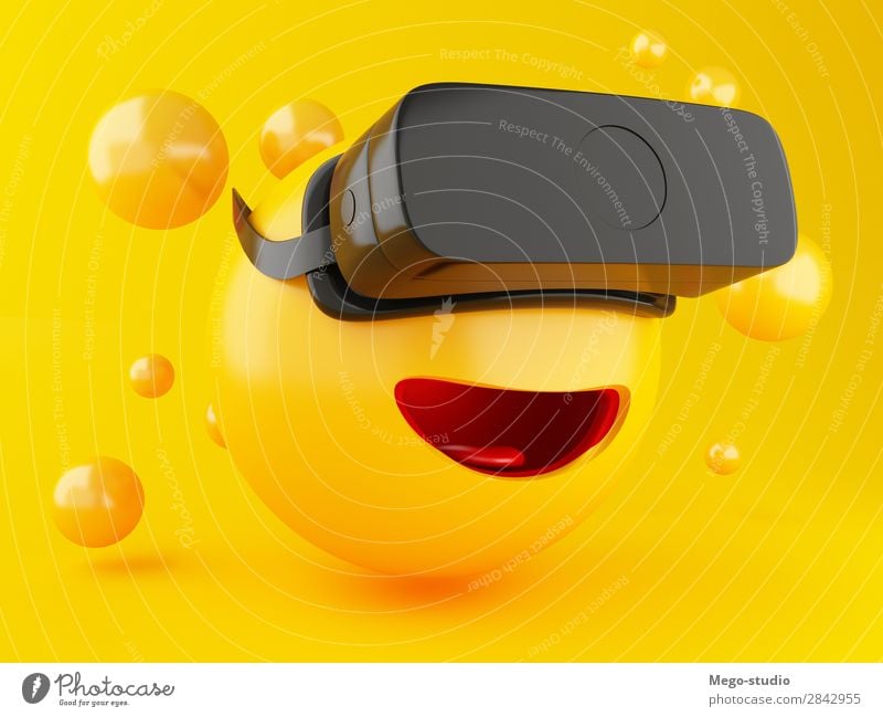3d Emoji with VR headset. Joy Happy Playing Entertainment Headset Technology Friendship Mouth Glittering Smiling Laughter Funny Modern Cute Yellow Emotions