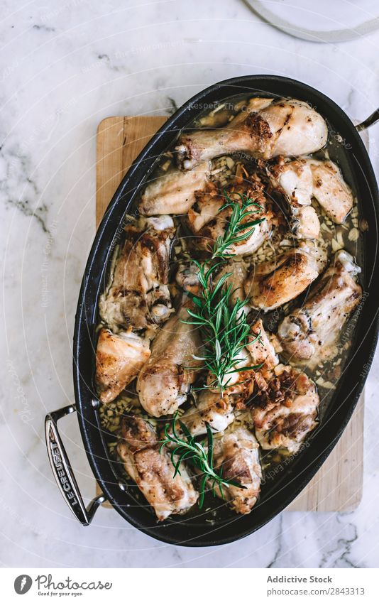 Pan with roasted chicken Chicken Roasted Food Meat Dinner Poultry Meal Cooking Rosemary Delicious Hot Gourmet Tasty Fresh Dish Rustic Diet Baking Home-made