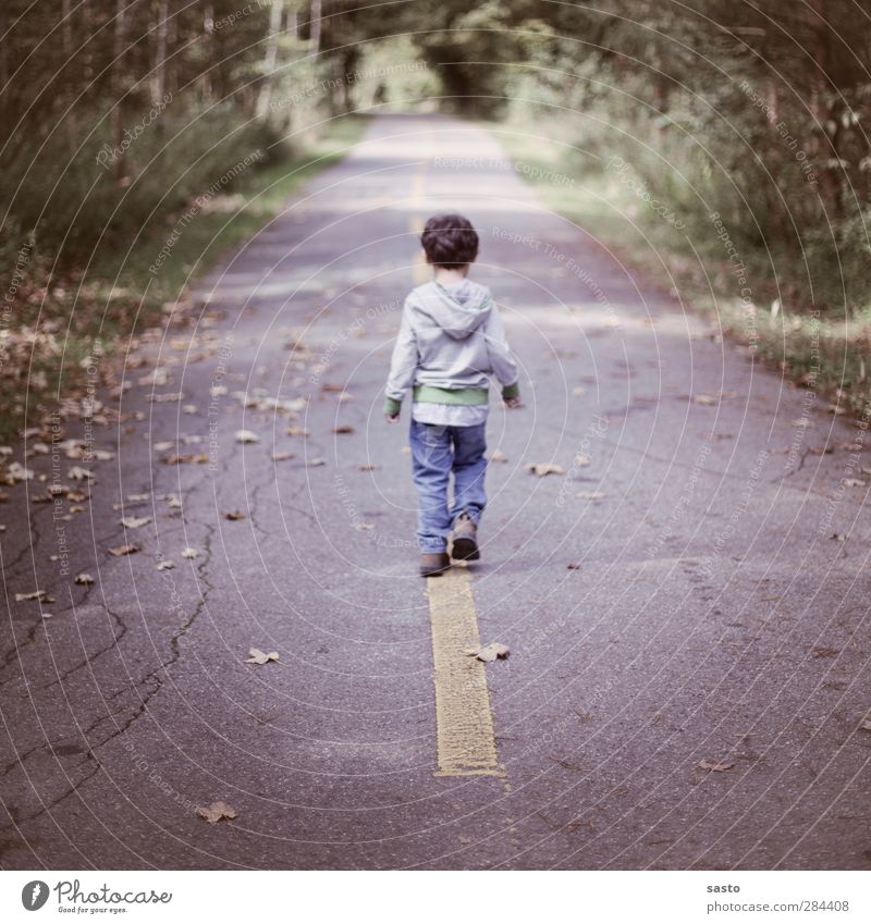go one's own way Masculine Boy (child) Infancy 1 Human being 3 - 8 years Child Nature Autumn Beautiful weather Leaf Forest Street Jeans Sweater Brunette Going