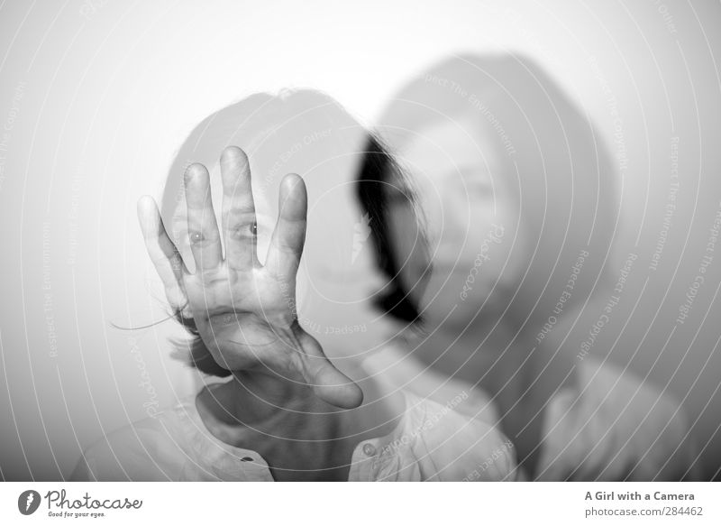 so far Human being Feminine Woman Adults Life Face Hand 1 30 - 45 years Anger Defensive To distance Stop Double exposure Black & white photo Interior shot