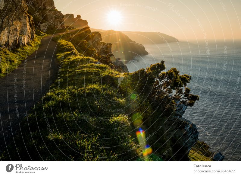 The last rays of sunlight illuminate the path on the cliff Ocean Waves Hiking Nature Landscape Elements Earth Water Cloudless sky Horizon Sunrise Sunset