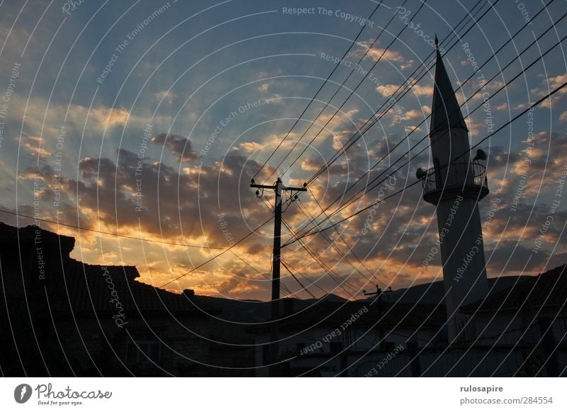 Albanian evening sky Far-off places Summer Cable Telecommunications Energy industry Electricity Electricity pylon Sky Clouds Sunrise Sunset Village