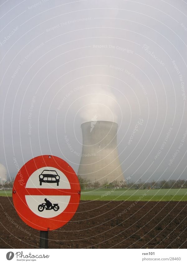 radioactivity don't drive Road sign Nuclear Power Plant Field Meadow Red Atoms Science & Research driving ban Blue Cooling tower