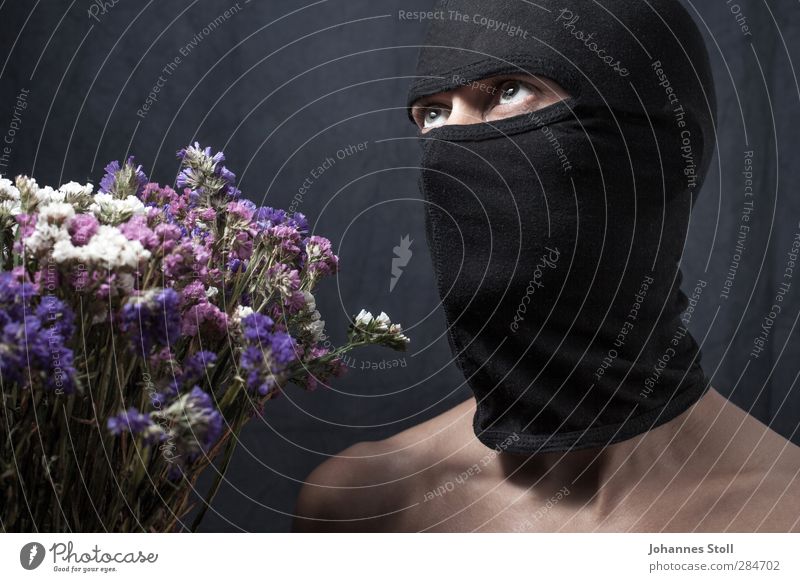 Through the flower Mother's Day Birthday Masculine Man Adults Body 1 Human being 18 - 30 years Youth (Young adults) Flower Cap Knitted face mask Mask Aggression