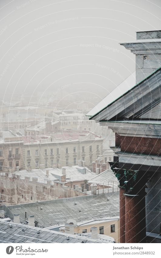 Snow-covered roofs in St. Petersburg Town Capital city Downtown Esthetic St. Petersburgh Winter Winter mood Massive Architecture Cold Russia Fog Shroud of fog