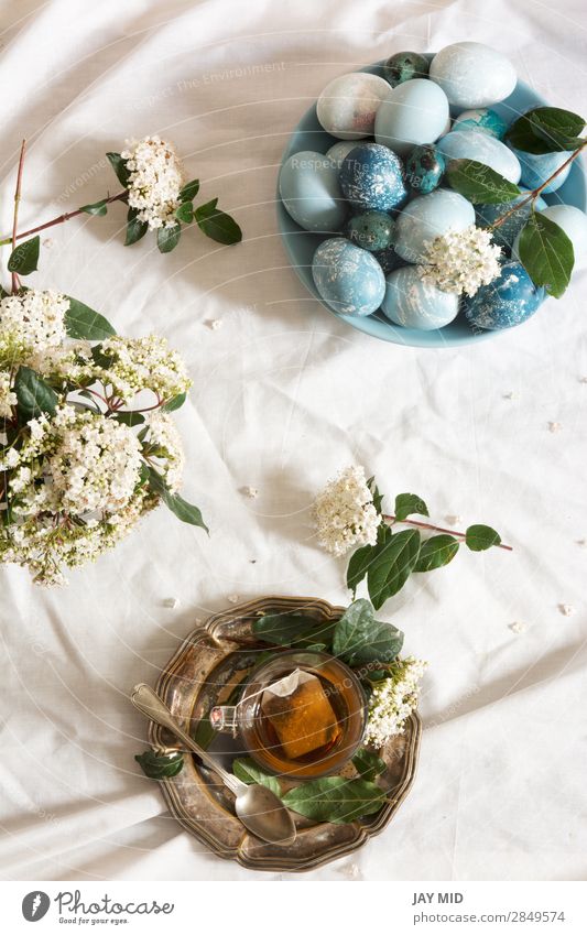 Naturally dyed Easter blue eggs, and tea cup, Breakfast Tea Beautiful Decoration Feasts & Celebrations Flower Blue Green White Tradition Egg background