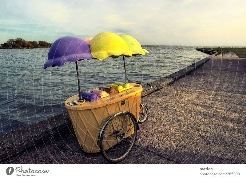 season finale Ice cream Shopping Ocean Landscape Clouds Horizon Autumn Beautiful weather Coast Deserted Harbour Bicycle Blue Yellow Violet ice car Tricycle