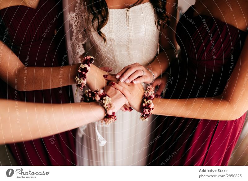 Bride and bridesmaids holding hands together Wedding Feasts & Celebrations Ceremony Human being Woman Dress Beautiful Friendship Congratulations