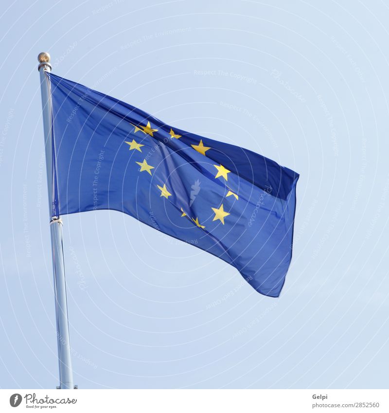 European flag waving in the mast Financial institution Company Sky Wind Landmark Cloth Flag Blue Yellow Identity Crisis Politics and state Attachment