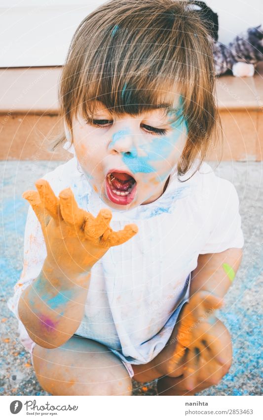 Little girl dirty of paint Lifestyle Style Joy Happy Playing Parenting Education Kindergarten Child School Human being Feminine Toddler Girl Infancy 1