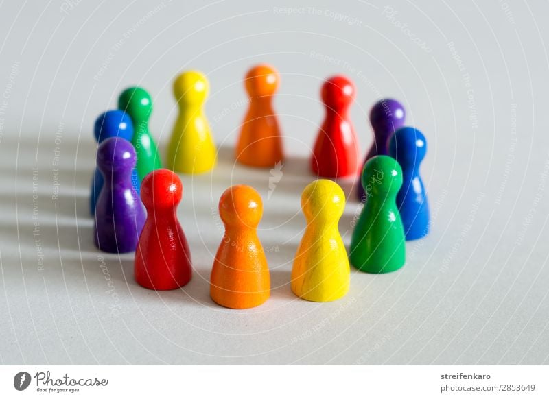 Play figures in rainbow colours form a circle Group Toys Wood Communicate Stand Esthetic Free Happiness naturally Positive Round Blue Yellow Green Violet Orange