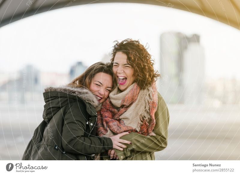 Two beautiful women taking selfiei n the street. Selfie Laughter Happy Friendship girlfriends Youth (Young adults) Portrait photograph Summer Lifestyle Woman