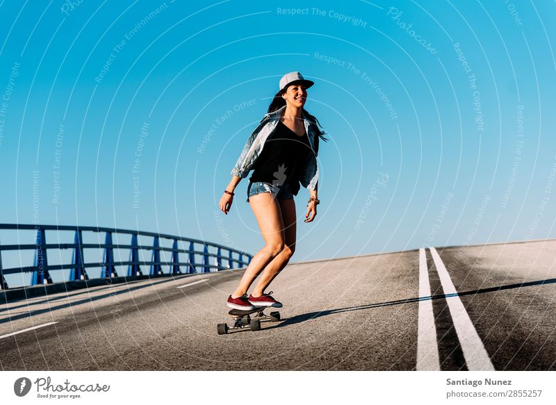 Beautiful skater woman riding on her longboard. Girl Woman Ice-skating Town Youth (Young adults) Sports Skateboarding Longboard Style Ice-skates Happy Smiling