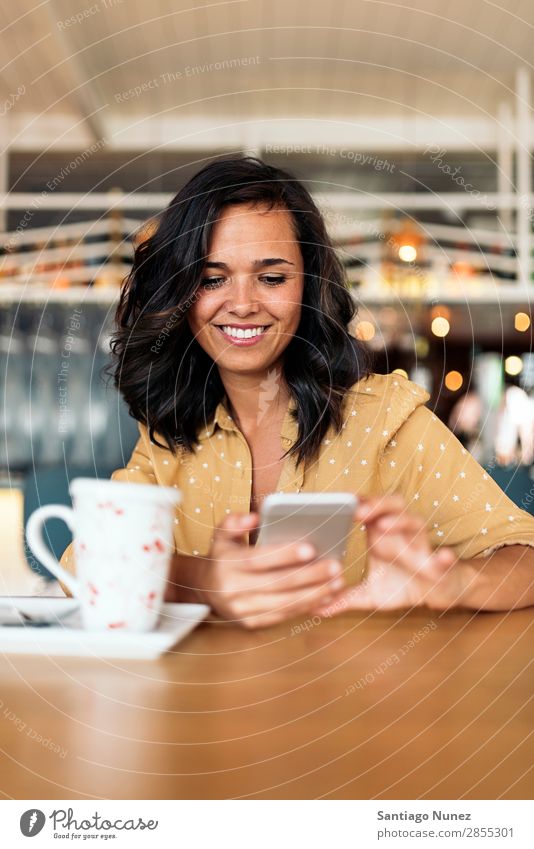 Portrait of beautiful woman using mobile. Woman Café Break Coffee Sit device Telephone Business 1 Beautiful pretty PDA Hold Mobile Smiling Lifestyle Human being