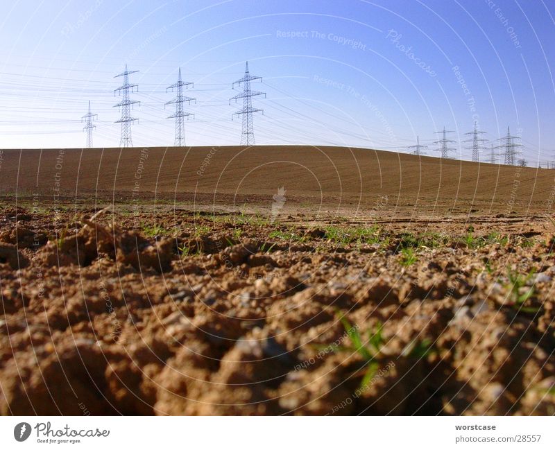 Landscape with power pylons Brown Hill Electricity pylon Wide angle Floor covering Cable Sky Earth