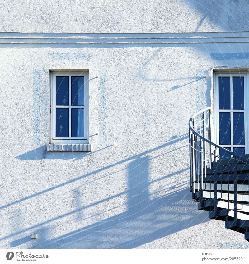 staircase light House (Residential Structure) Wall (barrier) Wall (building) Facade Stairs Banister Landing Curtain Bright Town Blue White Services Whimsical