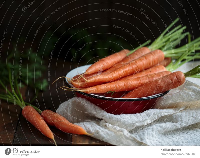 Still Life with Carrots Food Vegetable Nutrition Organic produce Vegetarian diet Bowl Lifestyle Kitchen Agriculture Forestry Rag Dish towel gauze cloth Dark