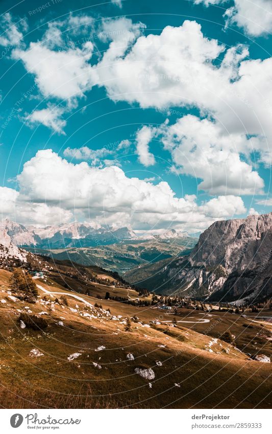 Alpine road with panoramic view in the Dolomites II Tourism Structures and shapes Copy Space bottom Vacation & Travel Light Copy Space right Shadow Contrast