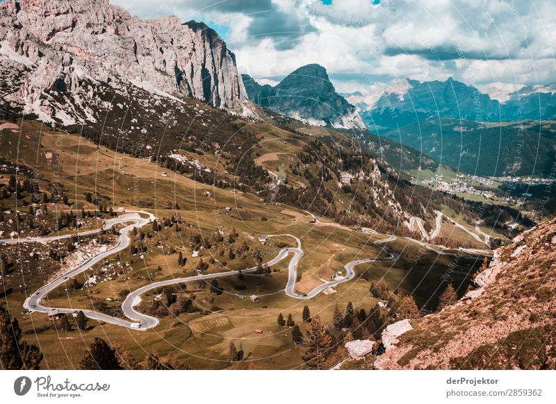 Alpine road with panoramic view in the Dolomites Tourism Structures and shapes Copy Space bottom Vacation & Travel Light Copy Space right Shadow Contrast