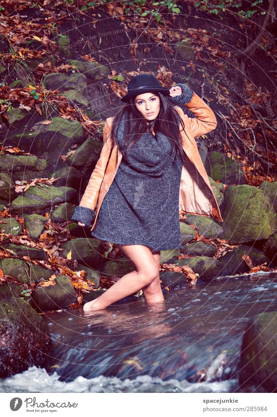 autumn Feminine Young woman Youth (Young adults) Woman Adults 1 Human being 18 - 30 years Environment Nature Landscape Park Hill Rock Brook River Movement Wet