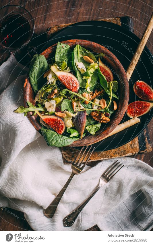 Healthy salad with lettuce, figs and nuts Appetizer Bowl Cheese Delicious Diet Fig Food Fresh Bird's-eye view Fruit grissini Lettuce Meal Napkin Natural Nut