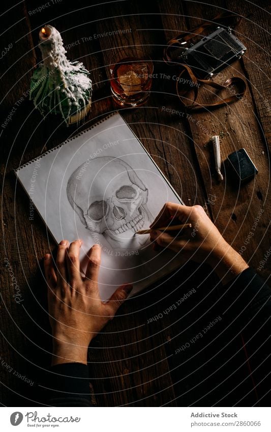 Skull drawing shoot from above Art Artist Bottle Camera Candle Carbon Cigar Creativity Dark Draw Drawing Glass Hand Illustration Lighter