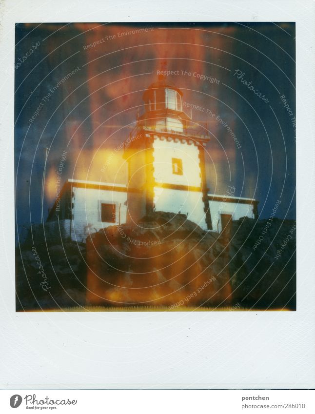 Polaroid. Lighthouse on rocks Landscape Santorini Old Sky Rock Colour photo Multicoloured Exterior shot