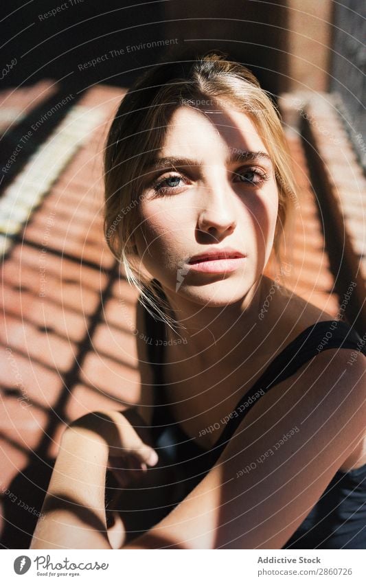Close-up of woman in sunlight Woman human face sun ray Earnest emotionless Blonde Looking Fresh Youth (Young adults) Beauty Photography Loneliness Unemotional