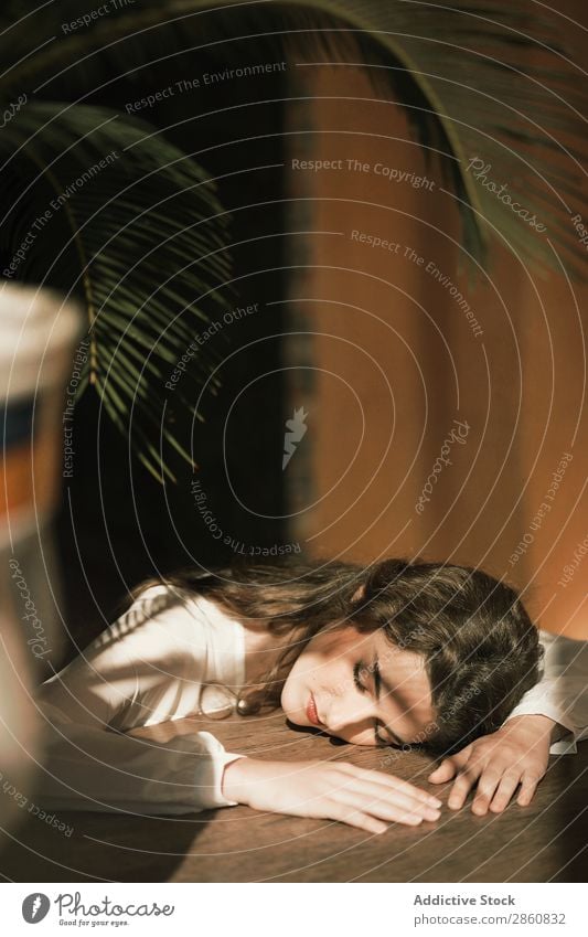 Woman leaning and sleeping on table Youth (Young adults) Attractive Dress White Lie (Untruth) Sleep Resting eyes closed Beautiful Beauty Photography Human being