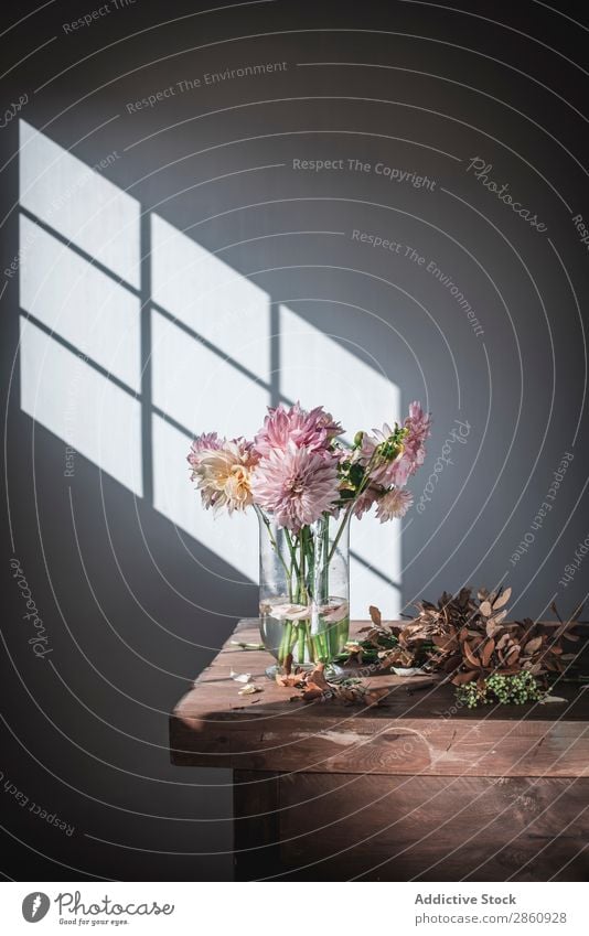 Bunch of flowers in vase near dry leaves on table Flower Table bunch Leaf Bouquet Chrysanthemum Vase Water Blossom leave Wall (building) Sun Dry Fallen Wood
