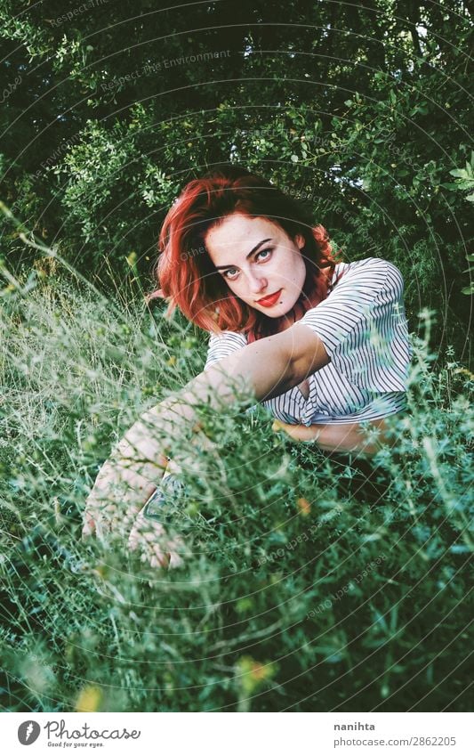 Young and beautiful redhead woman p Lifestyle Style Beautiful Skin Face Harmonious Senses Relaxation Calm Freedom Garden Human being Feminine Young woman