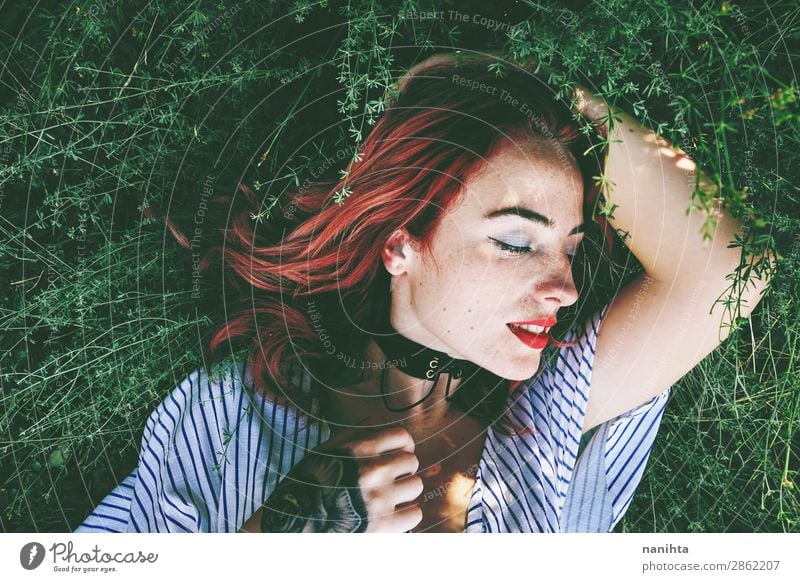 Young and beautiful redhead woman Lifestyle Style Beautiful Skin Face Wellness Well-being Relaxation Calm Freedom Garden Human being Feminine Young woman