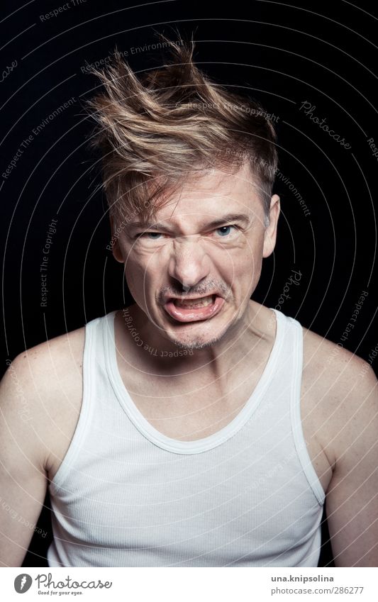 you're yelling at me? Man Adults 1 Human being 30 - 45 years Undershirt Blonde Short-haired Designer stubble Fight Scream Argument Aggression Rebellious Crazy