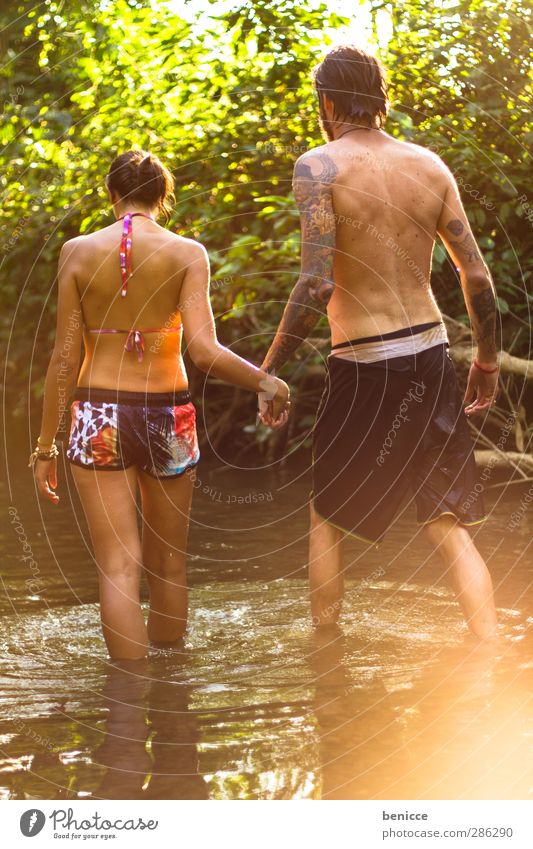 two in water Couple In pairs Lovers Infatuation Summer Spring Nature Lake Brook River Water Swimming & Bathing Hold hands To hold on Hand Together Attachment 2