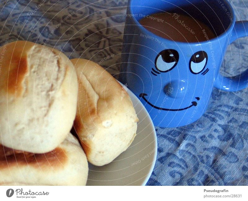 Breakfast :o) Food Roll Nutrition Coffee Plate Cup Face Eating Laughter Blue Colour photo Multicoloured Interior shot Deserted Morning Bird's-eye view Looking