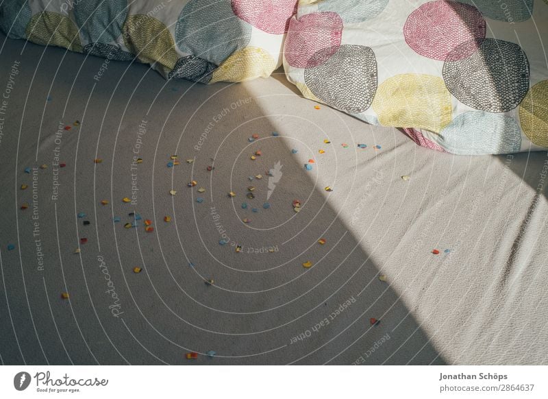 Sunlight and shade over the bed with confetti Flat (apartment) Feasts & Celebrations Valentine's Day Love Matrimony Double bed Confetti Pillow Shaft of light