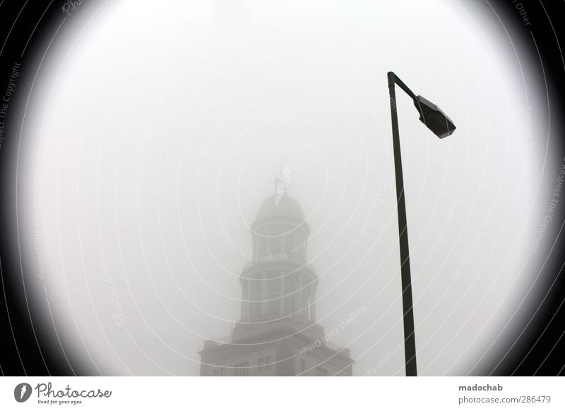 fog around the clock Town Capital city House (Residential Structure) Building Loneliness Cold Perspective Pride Lantern Fog Vignetting Black & white photo
