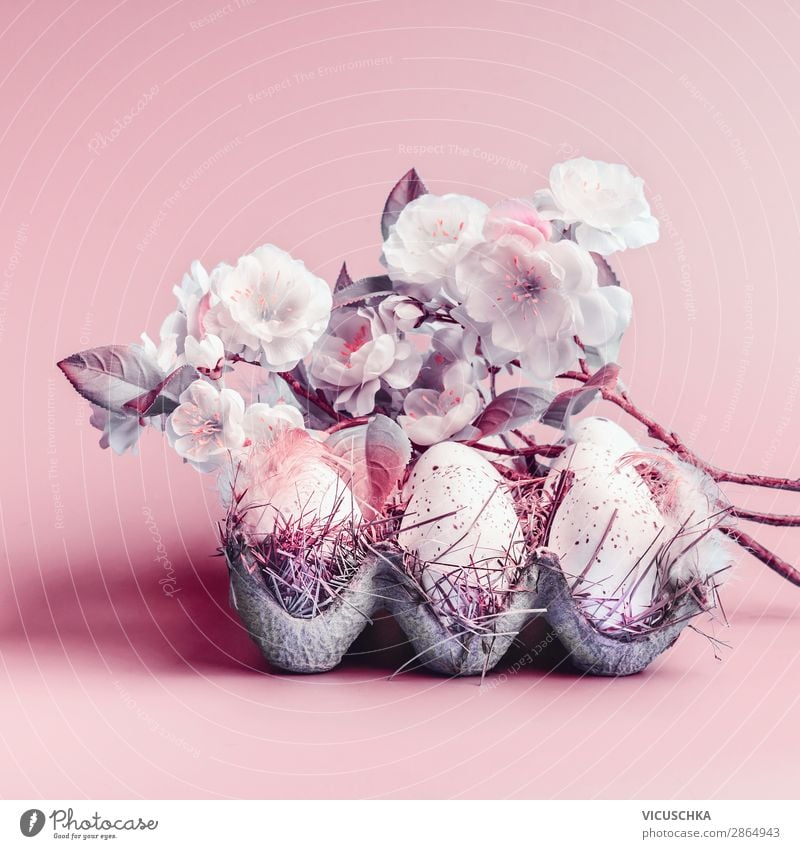 Easter eggs and spring blossom Style Design Decoration Nature Plant Leaf Blossom Pink Tradition Background picture Symbols and metaphors Colour photo