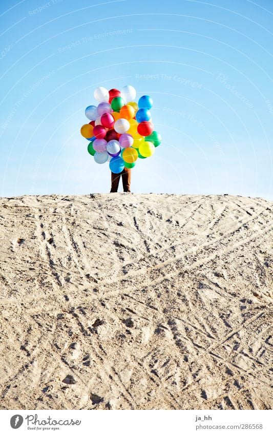 Person with balloons Joy Happy Playing Free Joie de vivre (Vitality) Hiding place Hide Balloon Multicoloured Child Childlike Sand duene Child stayed