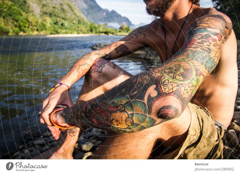 sketched Man Human being Youth (Young adults) Young man Nature Masculine Exterior shot Lake River Close-up Facial hair Naked Upper body Summer Sun Sunbeam Skin
