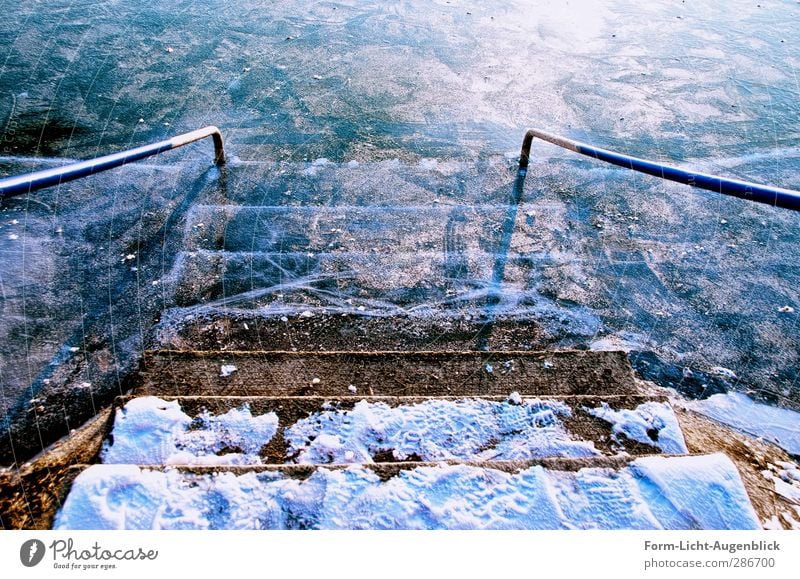 Stairs to the ice Winter Nature Landscape Water Climate Beautiful weather Ice Frost Snow Pond Lake Swimming & Bathing Freeze Glittering Sports Cold Cuddly