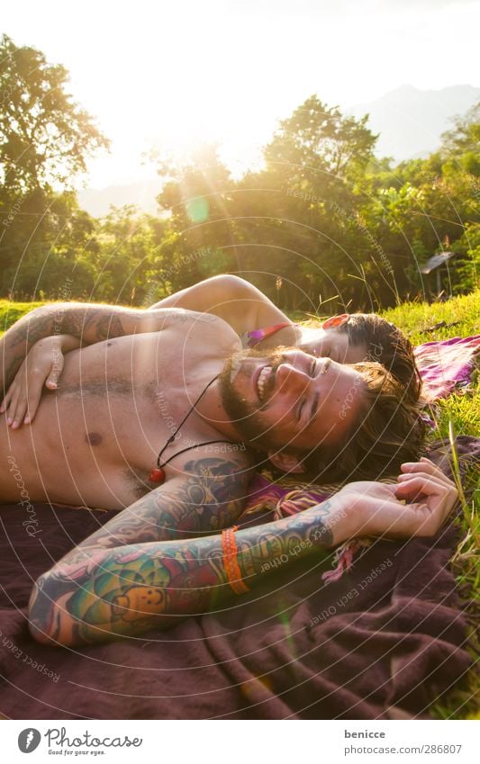Summer Feeling Couple Lie Meadow Grass Relaxation Swimming & Bathing Lake River Beach vacation Vacation & Travel Facial hair Beard Lovers Infatuation Cuddling