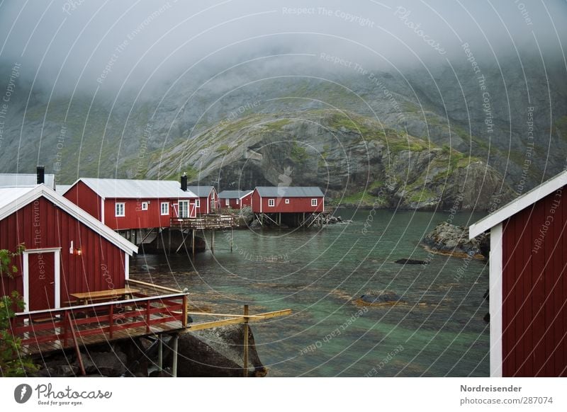 rain Lifestyle Senses Calm Vacation & Travel Tourism Ocean Nature Elements Climate Bad weather Fog Rain Coast Bay Fjord Fishing village Deserted