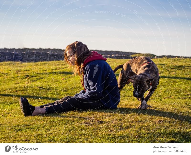 An teenager woman playing with a young dog Playing Freedom Young woman Youth (Young adults) Woman Adults Friendship Nature Landscape Pet Dog Baby animal Love