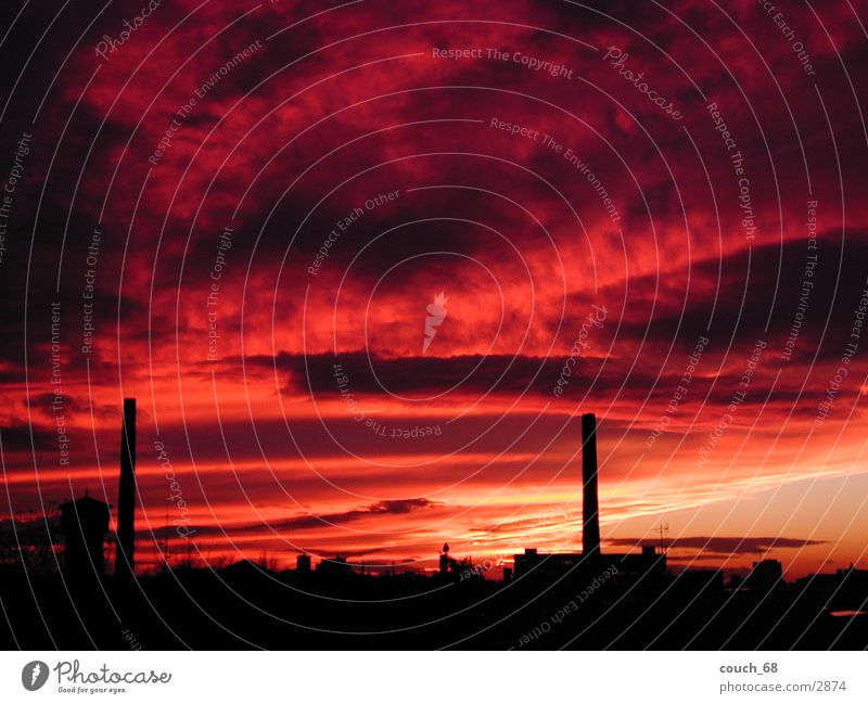 Sunset Red Physics Town Clouds Colour Warmth Chimney Sky