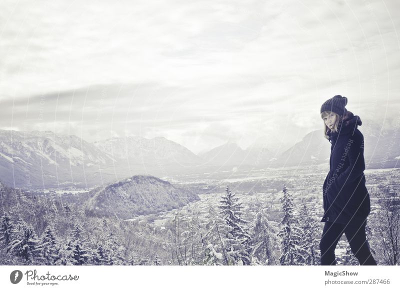 TO THE WILD!! Woman Adults 1 Human being Nature Landscape Winter Forest Alps Mountain Salzburg kapuzinerberg Coat Cap Esthetic Bright Blue Black White Eternity