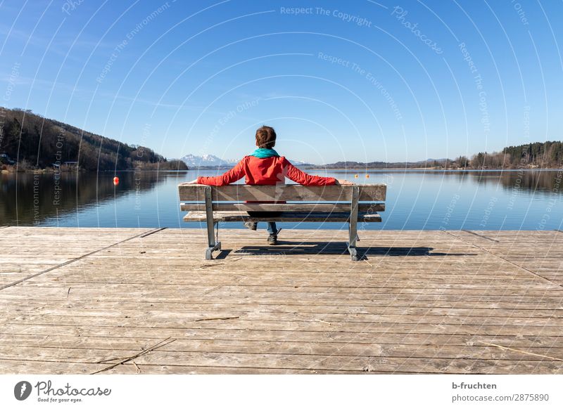 Spring day, recreation at the lake Well-being Relaxation Calm Woman Adults Arm 1 Human being 30 - 45 years Autumn Beautiful weather Lakeside Looking Sit Wait