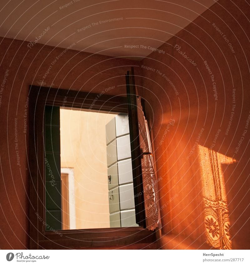 morning sun House (Residential Structure) Wall (barrier) Wall (building) Window Esthetic Brown Orange Interior design Shutter Drape Lace Shadow play